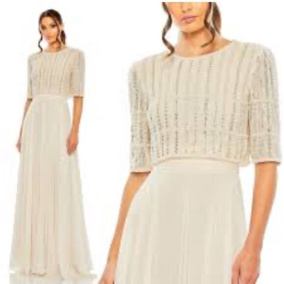 NWT MAC DUGGAL 9180 Nude Chiffon Gown Fully Beaded 1/4 Sleeve Top Size 20 Glam - Picture 3 of 11